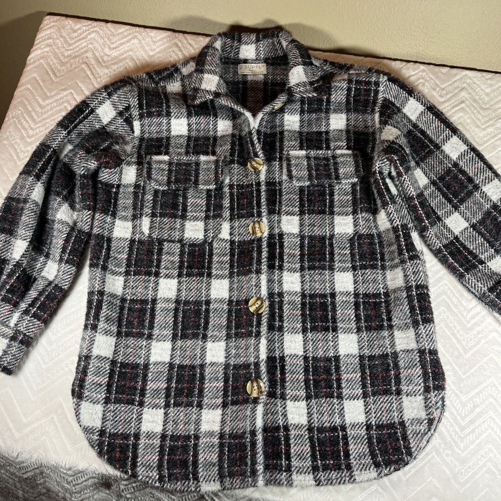 Z SUPPLY Shacket Flannel Trucker Jacket XS Black White Plaid Oversize Shirt Soft